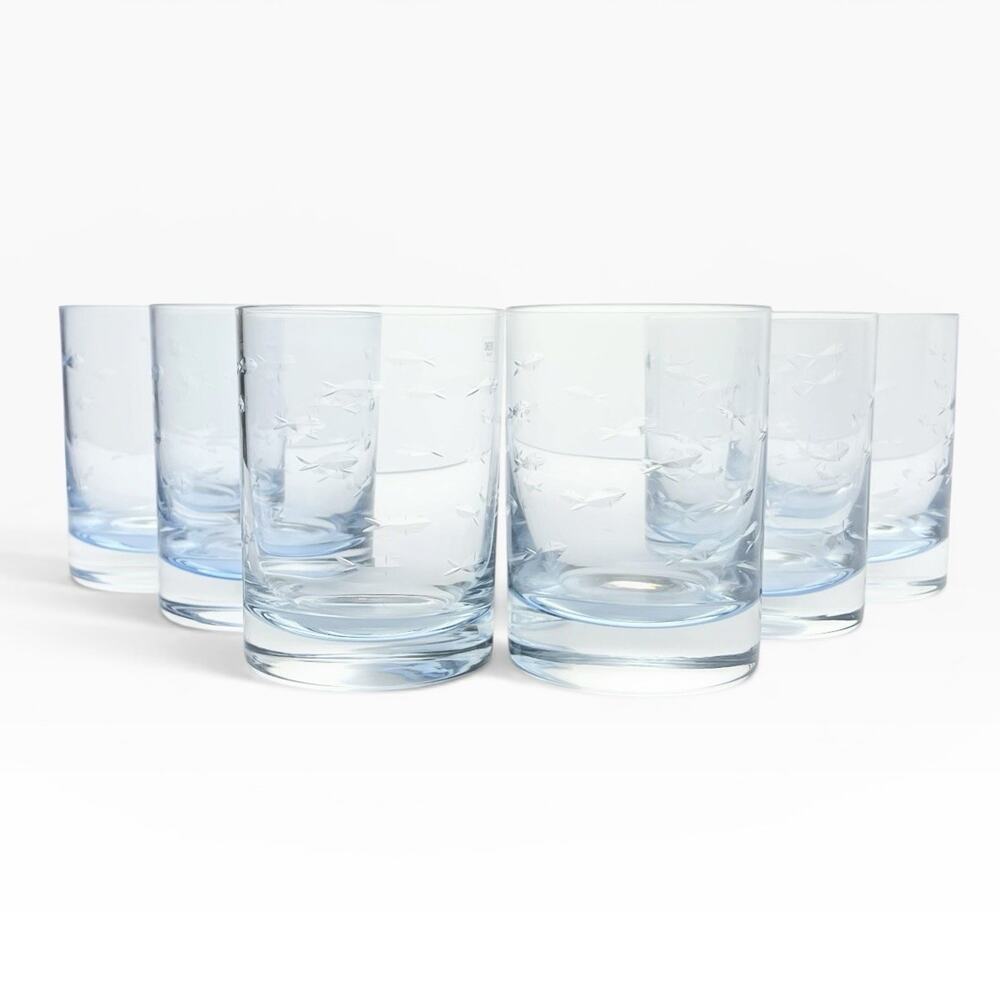 Crate & Barrel “Reef, Blue” 6 Double Old Fashioned Tumbler Glasses 4 1/2” 15oz